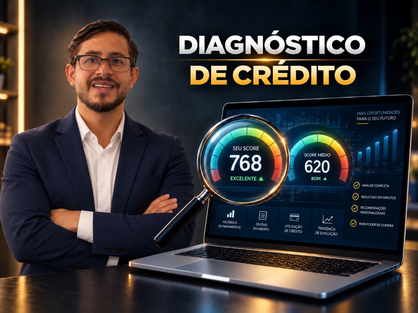 Especialista da GW Soluções Financeiras ao lado de um painel de diagnóstico de crédito